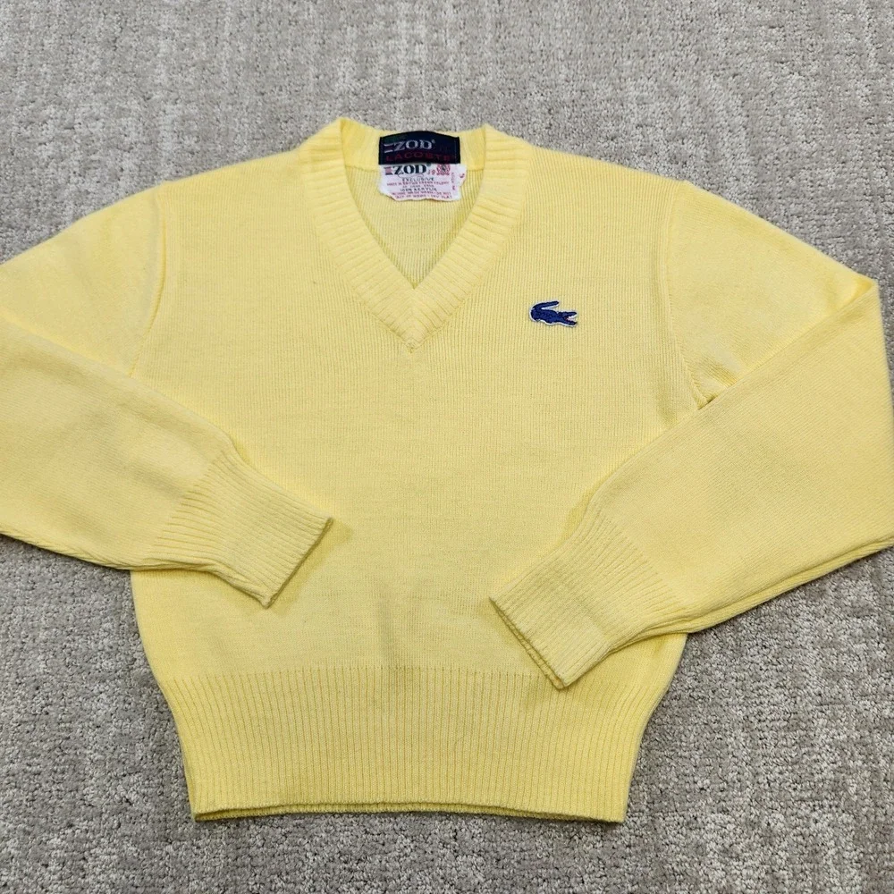 Vintage‎ Izod Lacoste Sweater Kids 6 Yellow V Neck Preppy Tennis 80s 90s Knit